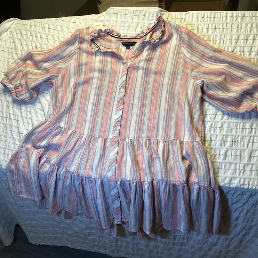 Tommy Hilfiger Women XL Pink Blue Striped Ruffle Tiered Peplum Tunic Top linen
